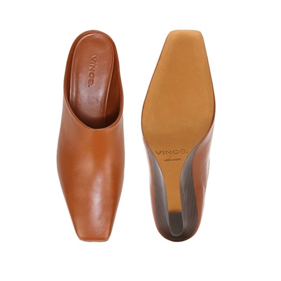 Vince Leather Benita Square Toe Slip On Clog Wedge Heel Pumps (Rust Amber) - Picture 3 of 16